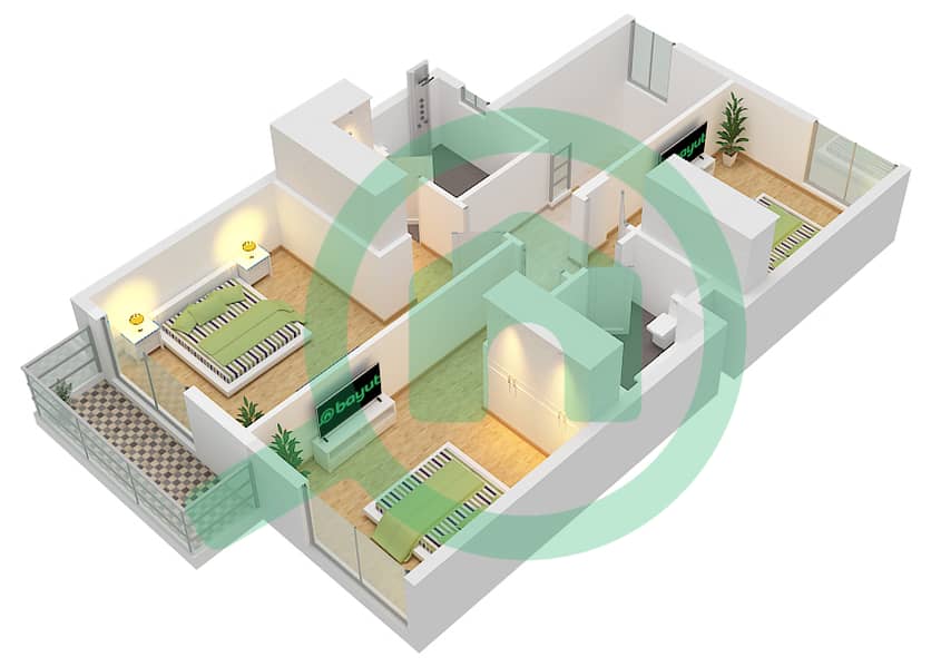 المخططات الطابقية لتصميم النموذج 3M-1(M)/MID UNIT MIRRORED تاون هاوس 3 غرف نوم - لا فيوليتا 2 First Floor interactive3D