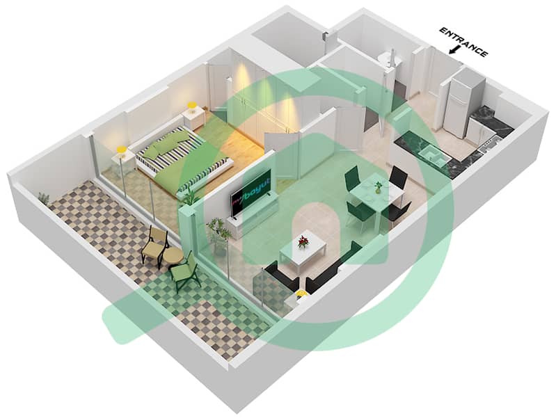 珍珠之家2号 - 1 卧室公寓单位3 FLOOR 2-9戶型图 Unit 3,Floor 2-9 interactive3D