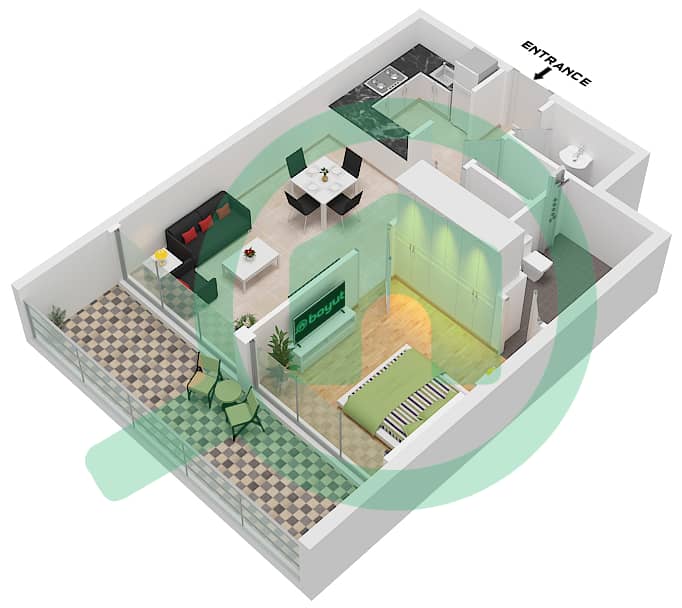珍珠之家2号 - 1 卧室公寓单位11 FLOOR 2-9戶型图 Unit 11,Floor 2-9 interactive3D
