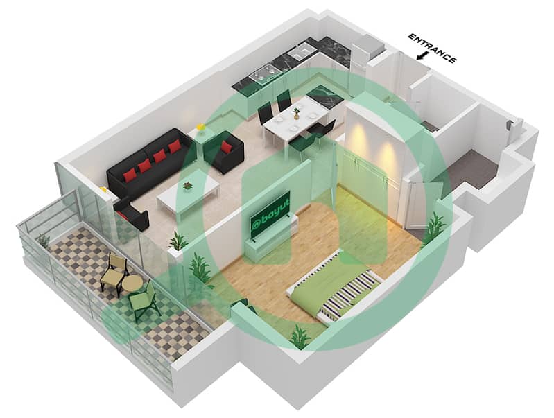 薇贝 - 1 卧室公寓类型／单位1 / UNIT 1 FLOOR 2-19戶型图 Type 1 / Unit 1 Floor 2-19 interactive3D