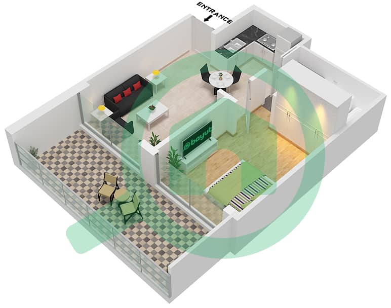 المخططات الطابقية لتصميم النموذج / الوحدة 2 / UNIT 10,15 FLOOR 2-15 شقة 1 غرفة نوم - نورث 43 Type 2 / Unit 10,15 Floor 2-15 interactive3D