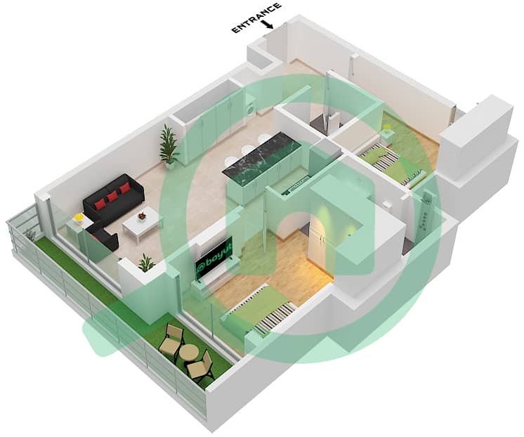 المخططات الطابقية لتصميم النموذج / الوحدة 1/UNIT 7,9,12 FLOOR 1-15 شقة 2 غرفة نوم - نورث 43 Type 1 / Unit 7,9,12 Floor 1-15 interactive3D