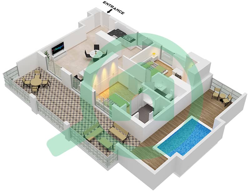 المخططات الطابقية لتصميم النموذج / الوحدة 2 / UNIT 1 FLOOR 16 شقة 2 غرفة نوم - نورث 43 Type 2 / Unit 1 Floor 16 interactive3D