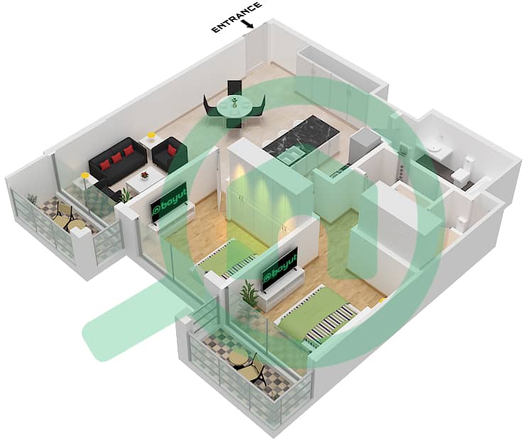 المخططات الطابقية لتصميم النموذج / الوحدة 3 / UNIT 2 FLOOR 16 شقة 2 غرفة نوم - نورث 43 Type 3 / Unit 2 Floor 16 interactive3D