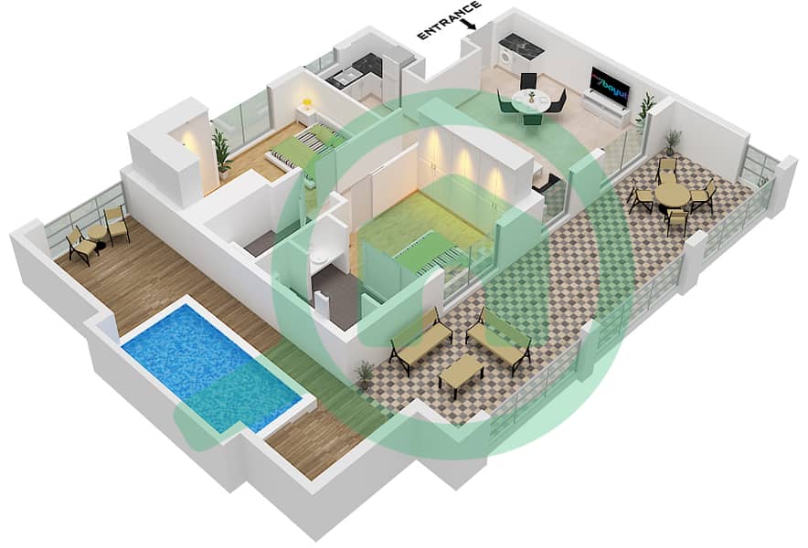 المخططات الطابقية لتصميم النموذج / الوحدة 4 / UNIT 3 FLOOR 16 شقة 2 غرفة نوم - نورث 43 Type 4 / Unit 3 Floor 16 interactive3D