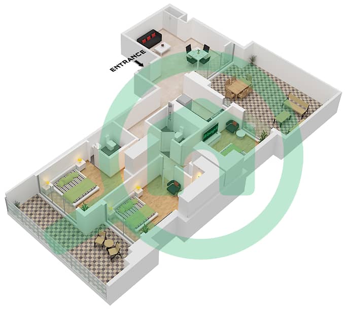 المخططات الطابقية لتصميم النموذج / الوحدة 1 / UNIT 1 FLOOR 1 شقة 3 غرف نوم - نورث 43 Type 1 / Unit 1 Floor 1 interactive3D
