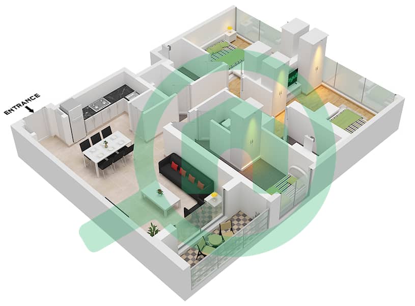 المخططات الطابقية لتصميم النموذج / الوحدة B / UNIT 6 FLOOR 7 شقة 2 غرفة نوم - برج ذا كريست D Type B Unit 6 Floor 7 Unit 2 Floor 8-9 interactive3D
