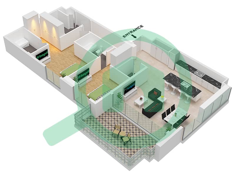 Ellington House 3 - 2 Bedroom Apartment Type/unit D / UNIT 6,11 FLOOR 1 Floor plan Type D Unit 6,11 Floor 1
Type D Unit 8,13 Floor 2-7 interactive3D