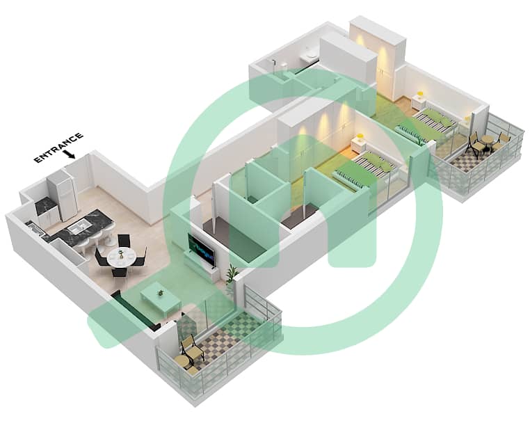 Эллингтон Хаус 3 - Апартамент 2 Cпальни планировка Тип/мера E / UNIT 2 FLOOR 2-7 Type E Unit 2 Floor 2-7 interactive3D