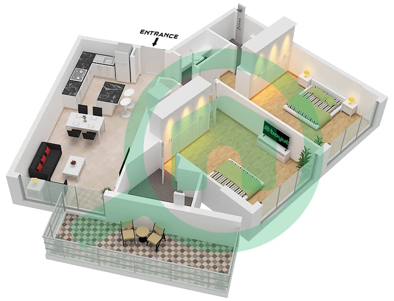 المخططات الطابقية لتصميم النموذج 1 FLOOR TYPICAL FLOOR شقة 2 غرفة نوم - سيرين جاردنز Type 1 Floor Typical Floor interactive3D