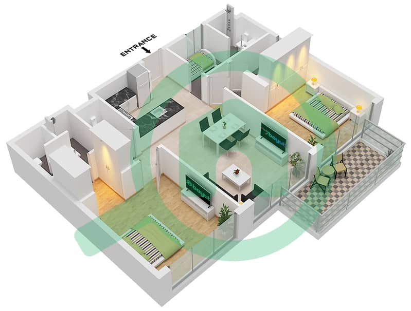 Серен Гарденс - Апартамент 2 Cпальни планировка Тип 1FLOOR  TYPICAL FLOOR Type 1Floor  Typical Floor interactive3D