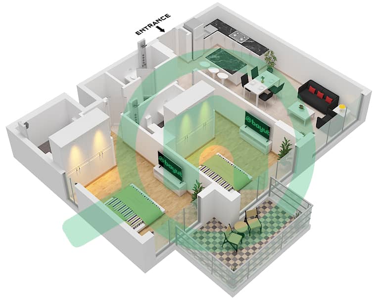 المخططات الطابقية لتصميم النموذج 2 FLOOR  TYPICAL FLOOR شقة 2 غرفة نوم - سيرين جاردنز Type 2 Floor  Typical Floor interactive3D