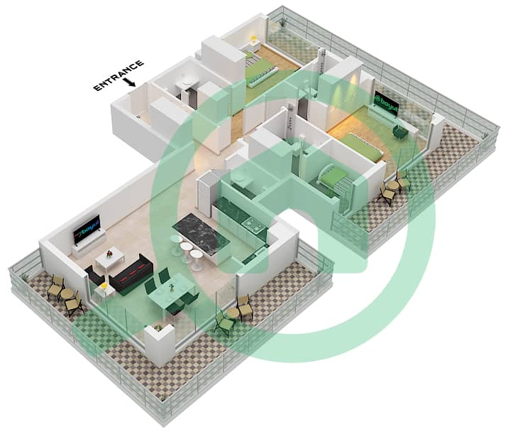 Серен Гарденс - Апартамент 2 Cпальни планировка Тип 2 FLOOR  9-10 FLOOR Type 2 Floor  9-10 Floor interactive3D