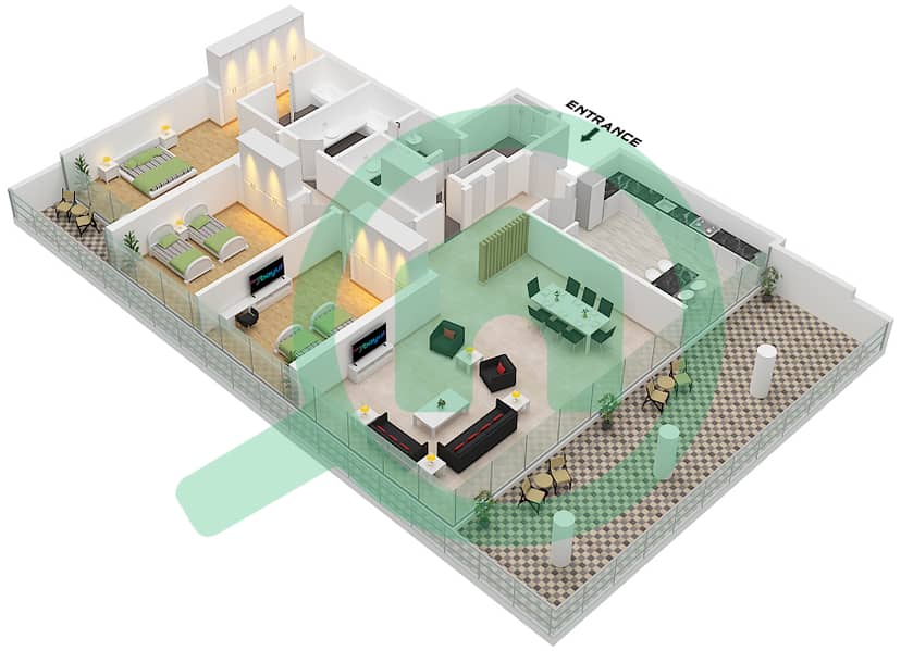 门户公寓 - 3 卧室公寓类型2-SIMPLEX戶型图 2-Simplex interactive3D
