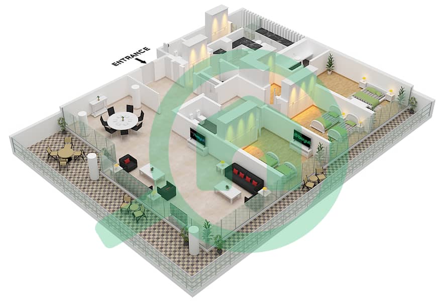 门户公寓 - 3 卧室公寓类型1-SIMPLEX戶型图 1-Simplex interactive3D