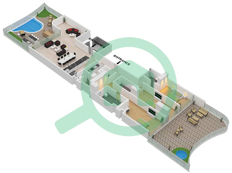 新月城一号公寓 - 3 卧室顶楼公寓类型B1 FLOOR 1戶型图 Type B1 Floor 1 interactive3D