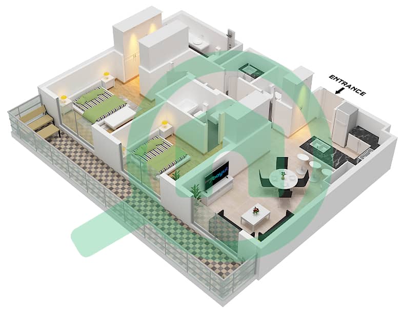 Эллингтон Хаус 4 - Апартамент 2 Cпальни планировка Тип/мера A/ UNIT 4 Type A Unit 4 Floor 1 interactive3D