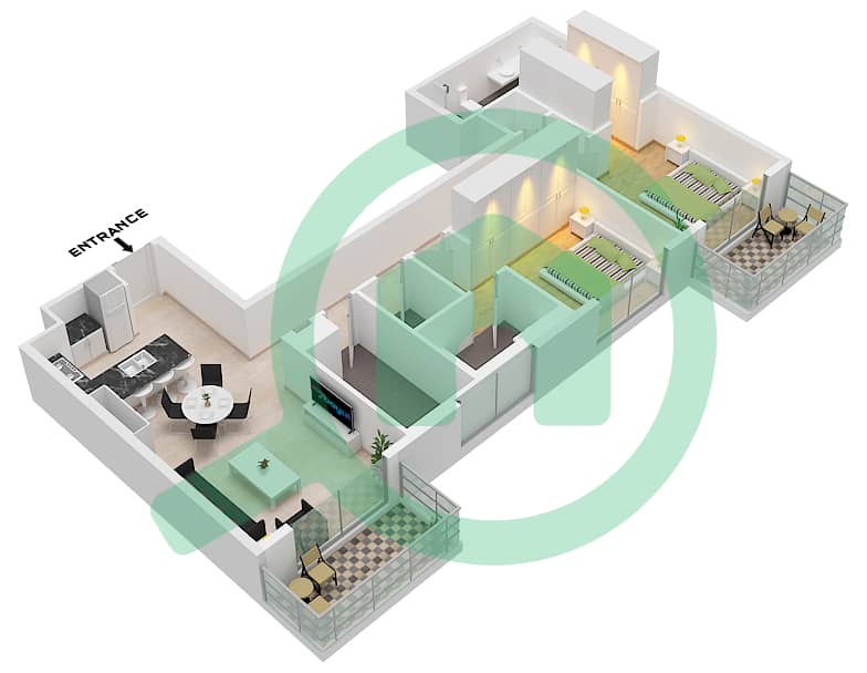المخططات الطابقية لتصميم النموذج / الوحدة E / UNIT 2 شقة 2 غرفة نوم - إلينغتون هاوس 4 Type E Unit 2 Floor 2-8 interactive3D