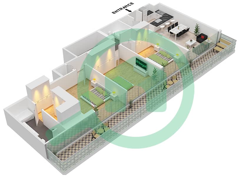 Эллингтон Хаус 4 - Апартамент 3 Cпальни планировка Тип/мера B/ UNIT 1 Type B Unit 1 Floor 9 interactive3D