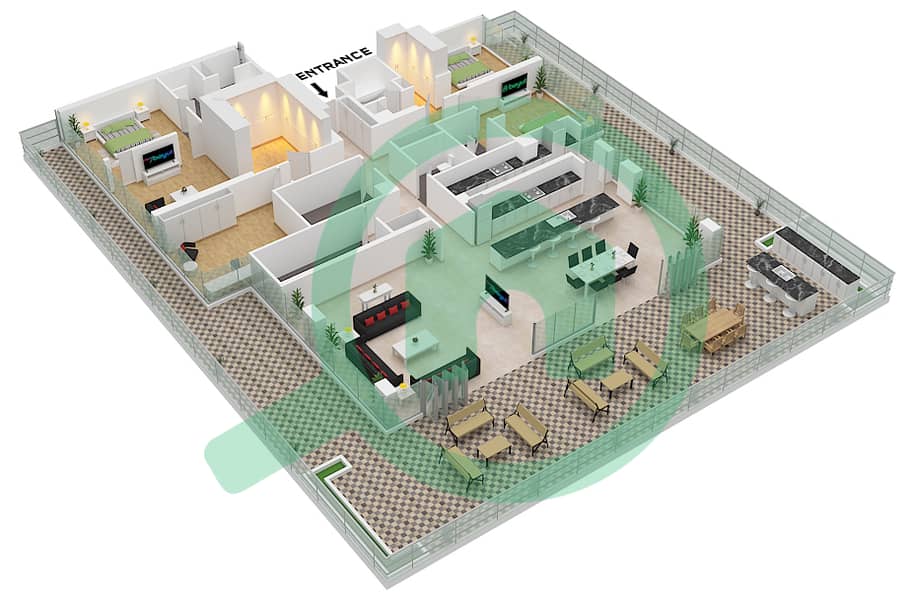 Эллингтон Хаус 4 - Пентхаус 3 Cпальни планировка Тип/мера A / UNIT 2 Type A Unit 2 Floor 9 interactive3D