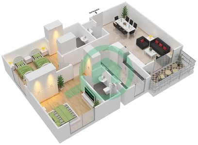 المخططات الطابقية لتصميم النموذج H CORNER UNIT شقة 2 غرفة نوم - بارك لاين ريزيدنس 3