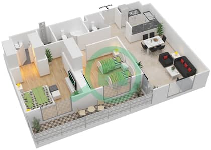 المخططات الطابقية لتصميم النموذج F MIDDLE UNIT شقة 2 غرفة نوم - بارك لاين ريزيدنس 3
