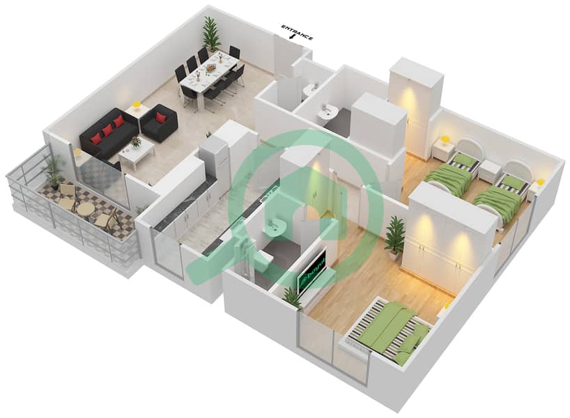 Резиденция Парклейн 4 - Апартамент 2 Cпальни планировка Тип D CORNER UNIT Floor 2-10 image3D