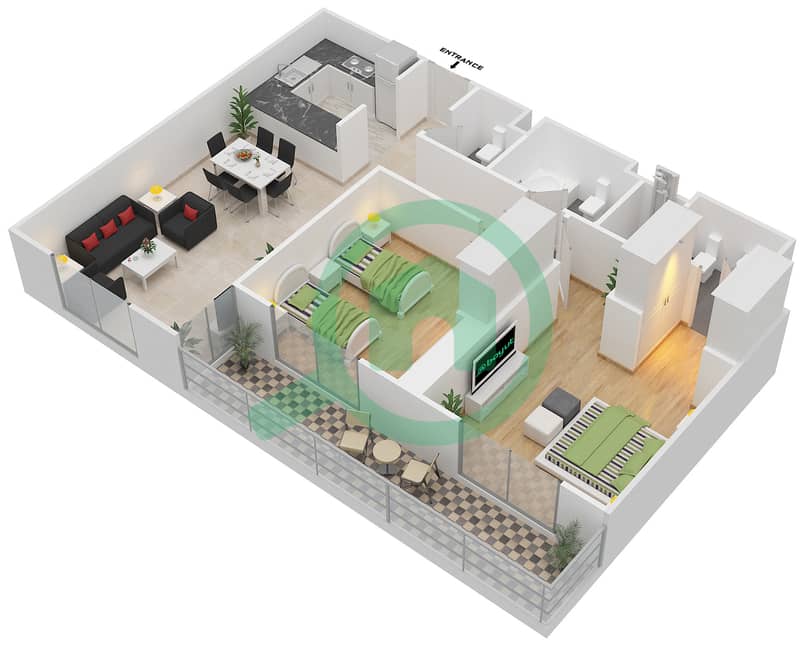 Резиденция Парклейн 2 - Апартамент 2 Cпальни планировка Тип C MIDDLE UNIT Floor 1 image3D
