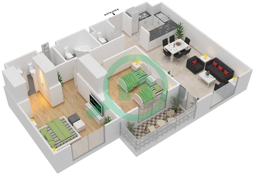 Резиденция Парклейн 3 - Апартамент 2 Cпальни планировка Тип C MIDDLE UNIT Floor 2-10 image3D