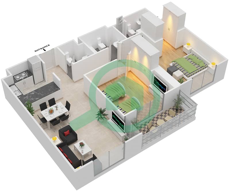 Резиденция Парклейн 4 - Апартамент 2 Cпальни планировка Тип C MIDDLE UNIT Floor 2-10 image3D