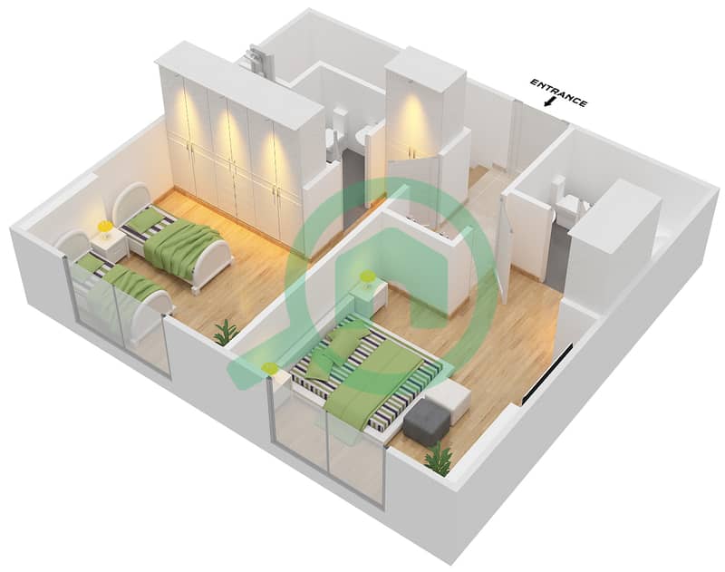 Резиденция Парклейн 3 - Апартамент 2 Cпальни планировка Тип C  DUPLEX MIDDLE UNIT Upper Level image3D