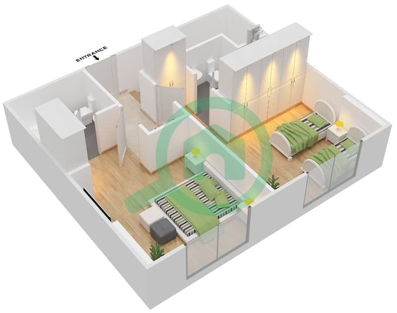 المخططات الطابقية لتصميم النموذج C DUPLEX MIDDLE UNIT شقة 2 غرفة نوم - بارك لاين ريزيدنس 4 Upper Level image3D