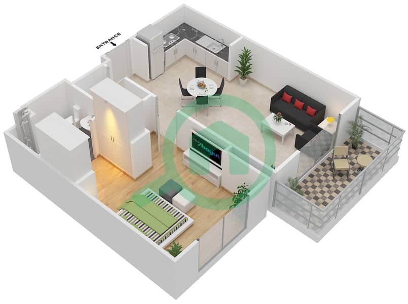 Резиденция Парклейн 2 - Апартамент 1 Спальня планировка Тип C MIDDLE UNIT Floor 2-14 image3D