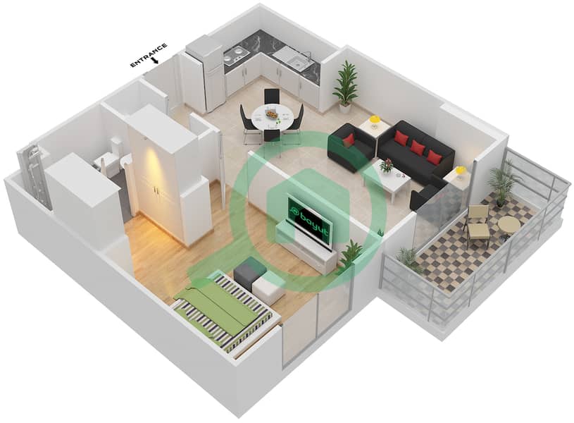 Резиденция Парклейн 3 - Апартамент 1 Спальня планировка Тип C CORNER UNIT Floor 2-12,14 image3D