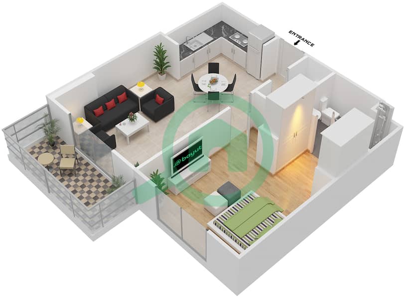 المخططات الطابقية لتصميم النموذج C CORNER UNIT شقة 1 غرفة نوم - بارك لاين ريزيدنس 4 Floor 2-12,14 image3D