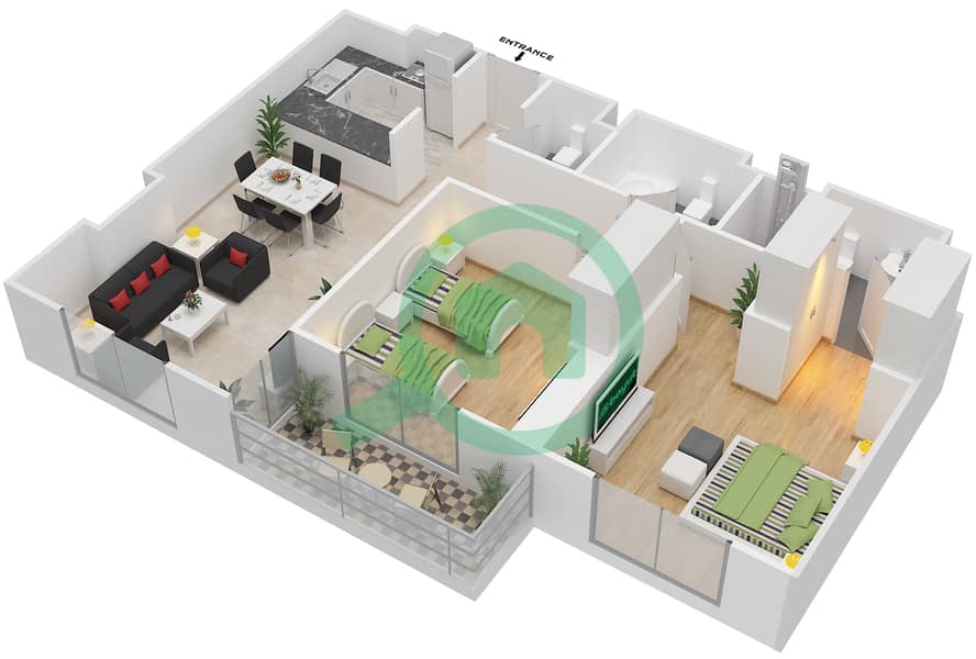 المخططات الطابقية لتصميم النموذج B MIDDLE UNIT شقة 2 غرفة نوم - بارك لاين ريزيدنس 3 Floor 2-10 image3D