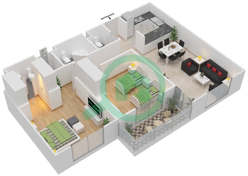 Резиденция Парклейн 4 - Апартамент 2 Cпальни планировка Тип B MIDDLE UNIT Floor 2-10 image3D