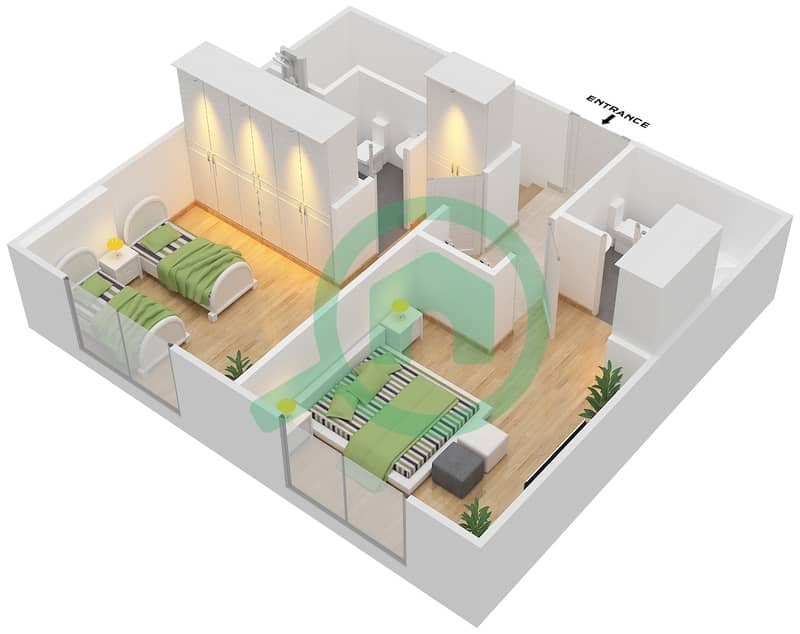 Резиденция Парклейн 4 - Апартамент 2 Cпальни планировка Тип B DUPLEX MIDDLE UNIT Upper Floor image3D
