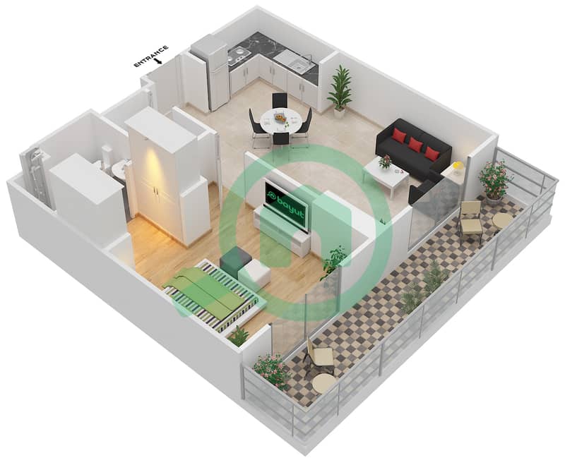 المخططات الطابقية لتصميم النموذج B MIDDLE UNIT شقة 1 غرفة نوم - بارك لاين ريزيدنس 2 Floor 1 image3D