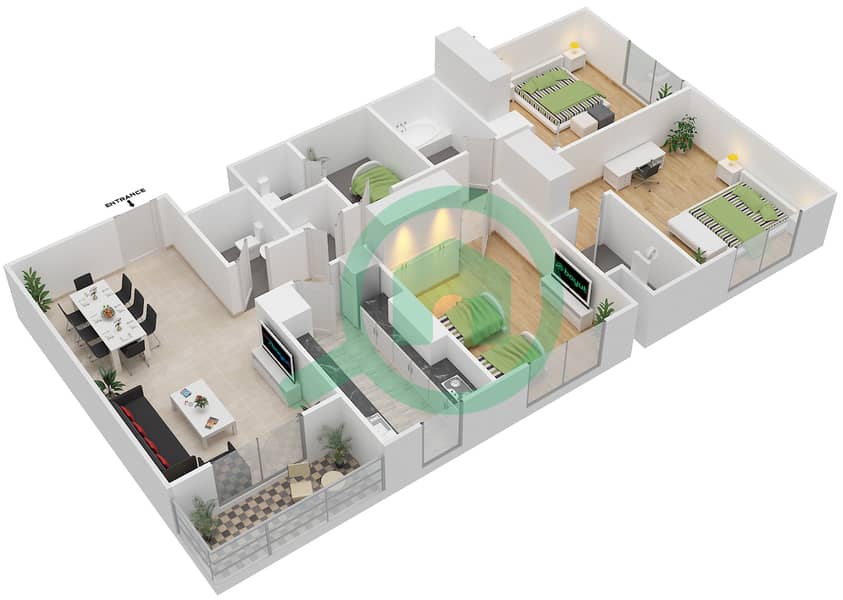 Резиденция Парклейн 3 - Апартамент 3 Cпальни планировка Тип A CORNER UNIT Floor 1-10 image3D