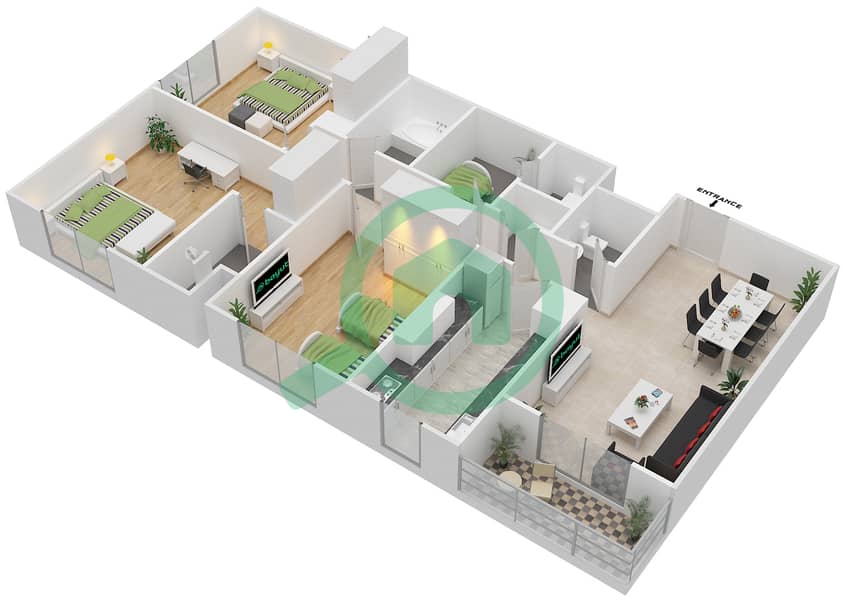 Резиденция Парклейн 4 - Апартамент 3 Cпальни планировка Тип A CORNER UNIT Floor 1-10 image3D