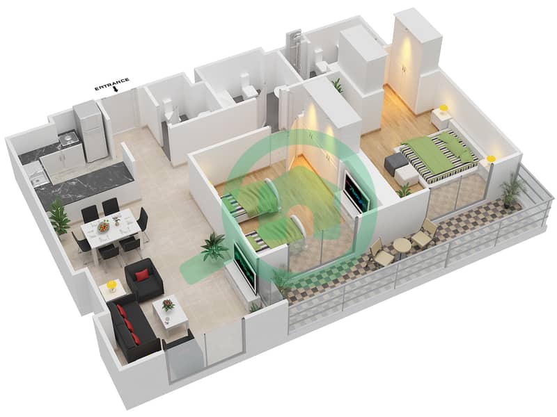 Резиденция Парклейн 3 - Апартамент 2 Cпальни планировка Тип A MIDDLE UNIT Floor 1 image3D