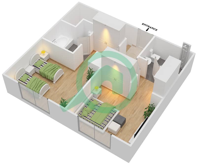 Резиденция Парклейн 4 - Апартамент 2 Cпальни планировка Тип A DUPLEX MIDDLE UNIT Upper Level image3D