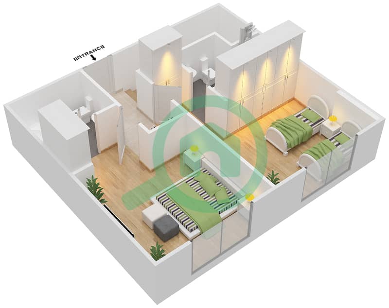 Резиденция Парклейн 3 - Апартамент 2 Cпальни планировка Тип A DUPLEX MIDDLE UNIT Upper Floor image3D