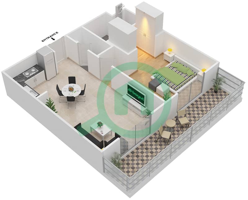 Резиденция Парклейн 3 - Апартамент 1 Спальня планировка Тип B MIDDLE UNIT image3D