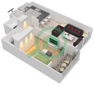 المخططات الطابقية لتصميم النموذج E شقة 1 غرفة نوم - توباز ريزيدنس 3