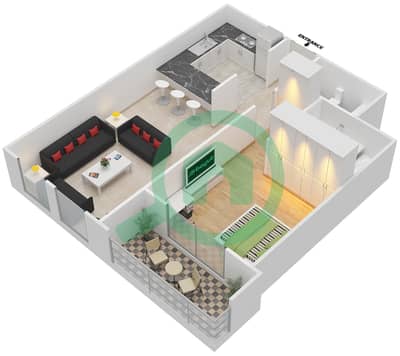 المخططات الطابقية لتصميم النموذج C شقة 1 غرفة نوم - توباز ريزيدنس 3