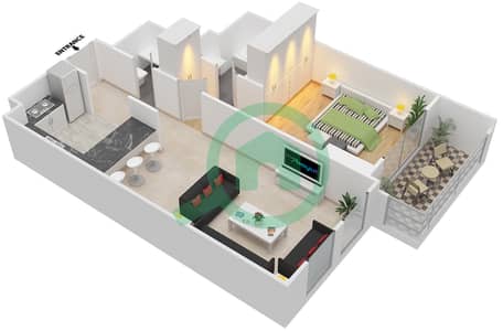 المخططات الطابقية لتصميم النموذج A شقة 1 غرفة نوم - توباز ريزيدنس 3