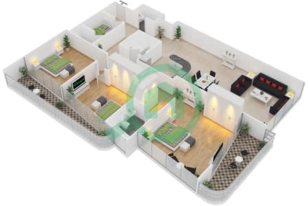 المخططات الطابقية لتصميم النموذج EO1 شقة 3 غرف نوم - برج مارينا فيو B