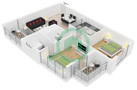 المخططات الطابقية لتصميم النموذج / الوحدة A/1-2 شقة 2 غرفة نوم - مارينا دايموند 3